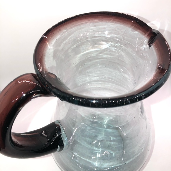 Hand Blown Glass Pitcher Made In Mexico 9” Height Purple Brown Glass Handle - Picture 6 of 11